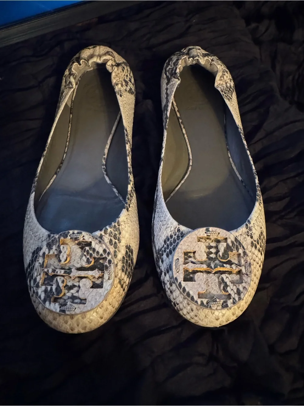 Tory Burch Snake-Print Leather Ballet Flats with Gold Logo